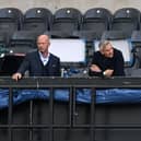 Former players and television presenters Micah Richards (L), Alan Shearer (C) and Gary Lineker (R) watch the match during the English FA Cup quarter-final football match between Newcastle United and Manchester City at St James' Park in Newcastle-upon-Tyne, north east England on June 28, 2020. (Photo by Shaun Botterill / POOL / AFP)