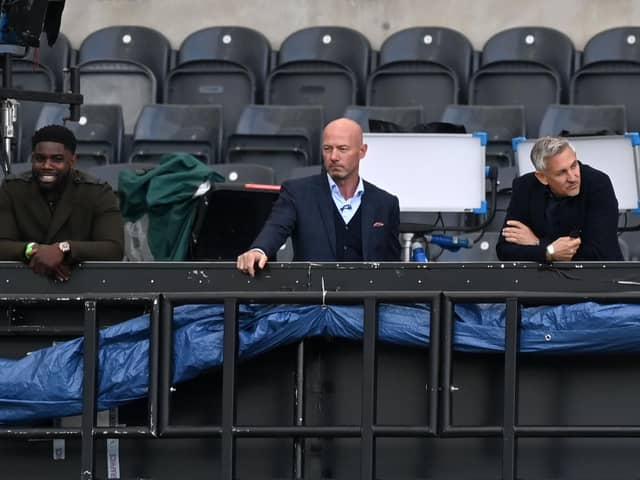 Former players and television presenters Micah Richards (L), Alan Shearer (C) and Gary Lineker (R) watch the match during the English FA Cup quarter-final football match between Newcastle United and Manchester City at St James' Park in Newcastle-upon-Tyne, north east England on June 28, 2020. (Photo by Shaun Botterill / POOL / AFP)