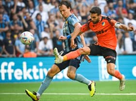 Djurgardens' Swedish defender Hjalmar Ekdal (L) and Apoel's Cypriot midfielder George Efrem vie for the ball during the UEFA Conference League Play-offs first leg soccer match between Djurgardens IF and Apoel Nicosia FC  in Stockholm, Sweden, on August 17, 2022. Sweden OUT (Photo by FREDRIK SANDBERG/TT News Agency/AFP via Getty Images)