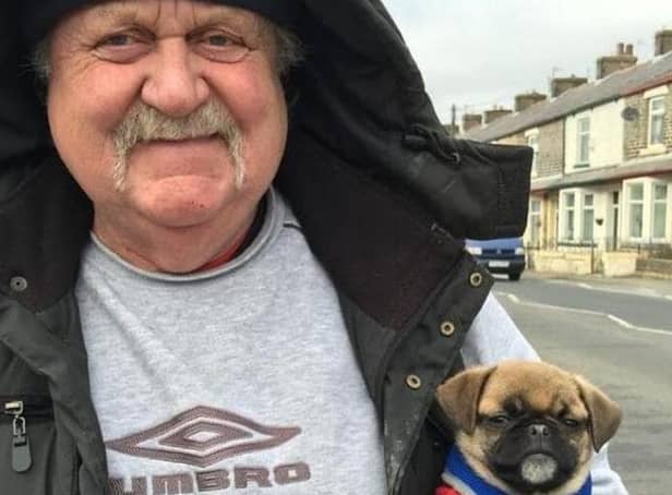 Flower seller Tony Myers, who was a familiar sight with his stand at the gates of Burnley Cemetery, has died at the age of 78. He is pictured here with his beloved pet pug Jake.