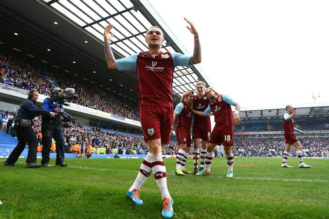 BLACKBURN, ENGLAND - MARCH 09:  Kieran Trippier of Burnley celebrates the second goal by team mate Danny Ings during the Sky Bet Championship match between Blackburn Rovers and Burnley at Ewood Park on March 9, 2014 in Blackburn, England.  (Photo by Jan Kruger/Getty Images)