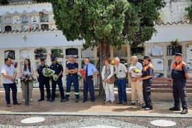 From left are Pere Garriga, Mayor of Arbucias,  representatives of the Police, and Fire Brigade,  Eleanor and John Copestake ( longstanding British residents in the area ) and Geoffrey Cowling (ex. H.M. Consul General in Barcelona)