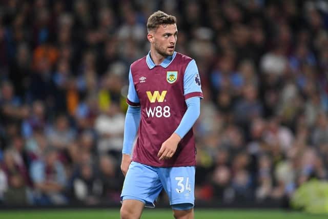 BURNLEY, ENGLAND - AUGUST 11: Jacob Bruun Larsen of Burnley looks on during the Premier League match between Burnley FC and Manchester City at Turf Moor on August 11, 2023 in Burnley, England. (Photo by Michael Regan/Getty Images)