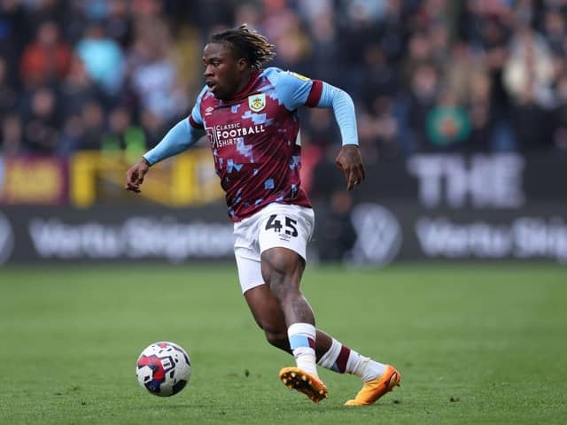 BURNLEY, ENGLAND - APRIL 22:  Michael Obafemi of Burnley during the Sky Bet Championship between Burnley and Queens Park Rangers at Turf Moor on April 22, 2023 in Burnley, England. (Photo by Alex Livesey/Getty Images)