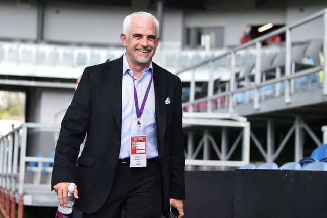 BURNLEY, ENGLAND - SEPTEMBER 18: Alan Pace, Burnley Chairman arrives at the stadium prior to prior to the Premier League match between Burnley and Arsenal at Turf Moor on September 18, 2021 in Burnley, England. (Photo by Nathan Stirk/Getty Images)