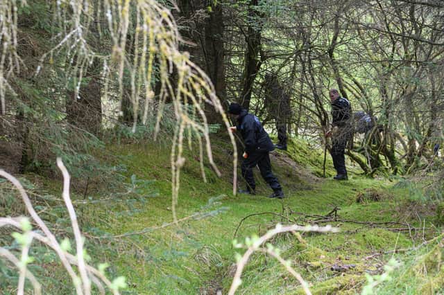 Police search through the woods at Gisburn Forest for missing Katie Kenyon. Photo: Kelvin Stuttard