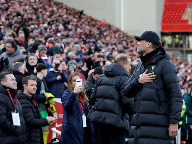 LIVERPOOL, ENGLAND - JANUARY 28: Juergen Klopp, Manager of Liverpool, shows appreciation to fans prior to the Emirates FA Cup Fourth Round match between Liverpool and Norwich City at Anfield on January 28, 2024 in Liverpool, England. (Photo by Clive Brunskill/Getty Images)