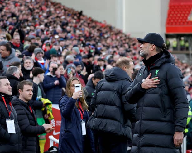 LIVERPOOL, ENGLAND - JANUARY 28: Juergen Klopp, Manager of Liverpool, shows appreciation to fans prior to the Emirates FA Cup Fourth Round match between Liverpool and Norwich City at Anfield on January 28, 2024 in Liverpool, England. (Photo by Clive Brunskill/Getty Images)