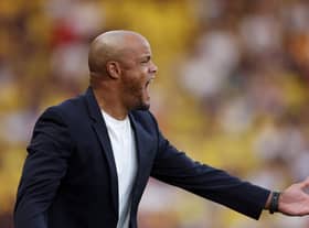 WATFORD, ENGLAND - AUGUST 12: Vincent Kompany, Manager of Burnley, reacts during the Sky Bet Championship between Watford and Burnley at Vicarage Road on August 12, 2022 in Watford, England. (Photo by Richard Heathcote/Getty Images)