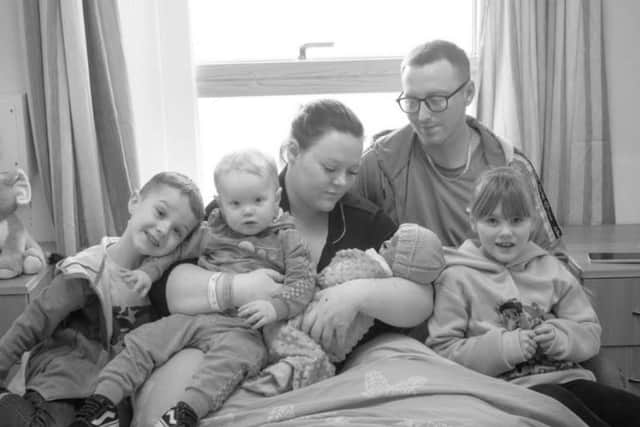Maddie Laidlaw and Reece Burton with their children, Nia, Leo and Oliver and their baby son Thomas who died five minutes after he was born in January. Maddie is now fund raising for a 'privacy pram' for the Lancashire Women and Newborn Centre at Burnley General Hospital, to give dignity and respect to all bereaved parents.
