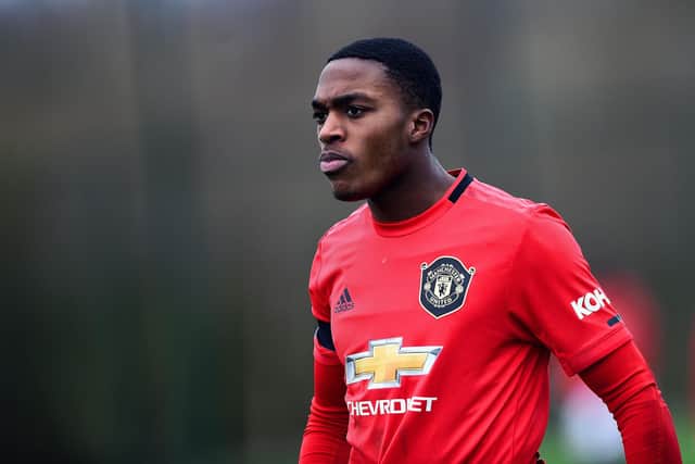 MANCHESTER, ENGLAND - FEBRUARY 22: Ayodeji Sotona of Manchester United U18s in action during the Premier League U18 match between Manchester United U18s and Derby County U18s at Aon Training Complex on February 22, 2020 in Manchester, England. (Photo by Manchester United/Manchester United via Getty Images)