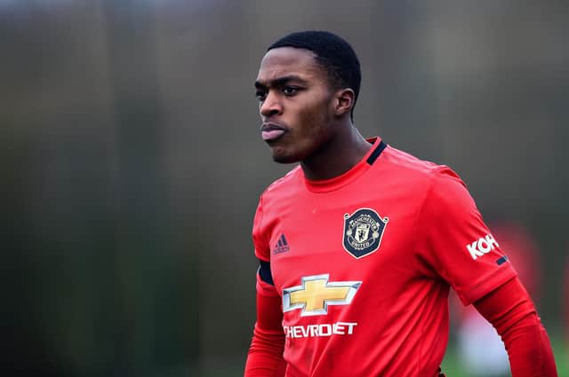 MANCHESTER, ENGLAND - FEBRUARY 22: Ayodeji Sotona of Manchester United U18s in action during the Premier League U18 match between Manchester United U18s and Derby County U18s at Aon Training Complex on February 22, 2020 in Manchester, England. (Photo by Manchester United/Manchester United via Getty Images)