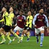BIRMINGHAM, ENGLAND - DECEMBER 30: Douglas Luiz of Aston Villa celebrates after scoring their team's third goal from the penalty-spot during the Premier League match between Aston Villa and Burnley FC at Villa Park on December 30, 2023 in Birmingham, England. (Photo by Richard Heathcote/Getty Images)