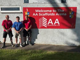 Padiham Cricket Club treasurer Toby Muldoon with Stewart Ashworth (left) and Michael Taylor, the owners of AA Scaffolds Ltd. The company has signed a new ground sponsorship deal with the club