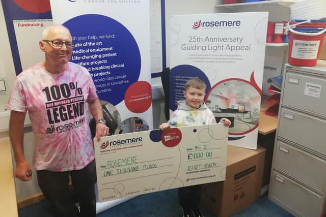 Elliott Hesketh raised £1,000 by designing and selling his own t shirts, to thank staff at the Rosemere Cancer Centre who helped his grandad Steven Merrifield to get better.