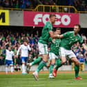 BELFAST, NORTHERN IRELAND - JUNE 12: Jonny Evans of Northern Ireland celebrates with Daniel Ballard after scoring their team's second goal during the UEFA Nations League League C Group 2 match between Northern Ireland and Cyprus at Windsor Park on June 12, 2022 in Belfast, Northern Ireland. (Photo by Charles McQuillan/Getty Images)