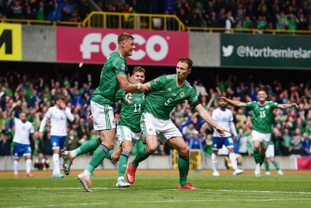 BELFAST, NORTHERN IRELAND - JUNE 12: Jonny Evans of Northern Ireland celebrates with Daniel Ballard after scoring their team's second goal during the UEFA Nations League League C Group 2 match between Northern Ireland and Cyprus at Windsor Park on June 12, 2022 in Belfast, Northern Ireland. (Photo by Charles McQuillan/Getty Images)