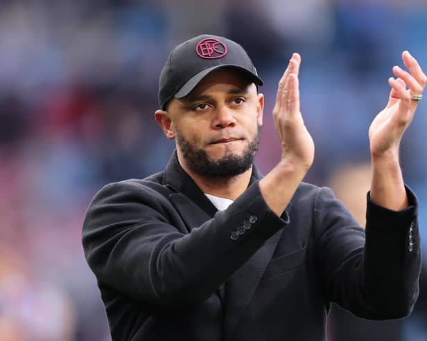 BURNLEY, ENGLAND - MARCH 16: Vincent Kompany, Manager of Burnley, acknowledges the fans after the Premier League match between Burnley FC and Brentford FC at Turf Moor on March 16, 2024 in Burnley, England. (Photo by Matt McNulty/Getty Images)