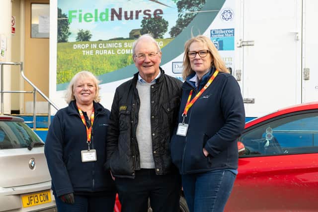 Pictured outside the Field Nurse station at Gisburn Auction Mart are nurse Janet Thomas (left) Roger Dugdale, charity co-founder and trustee and nurse Sarah Bargh