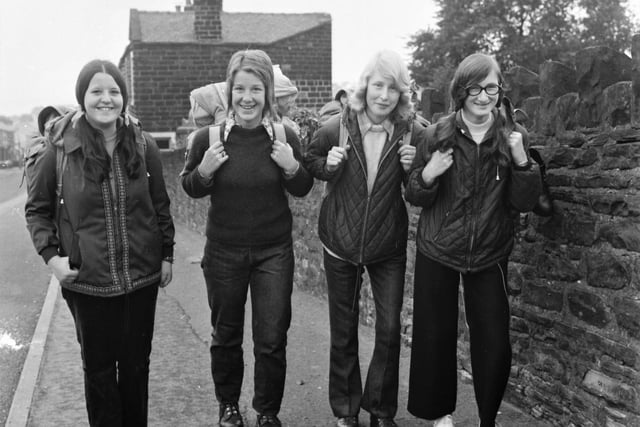 It was an uphill trek for these four local girls picture in Harle Syke on Saturday, 21st August 1971. They were hiking to Haworth, as part of the Duke of Edinburgh's silver award scheme. They are (from the left) Barbara Gaskell (16) of Highfield Avenue, Burnley, Sheila Riley (16) of Red Lees Avenue, Cliviger, Susan Gardner (15) of Sycamore Avenue and Barbara Eastwood (15), both of Burnley.