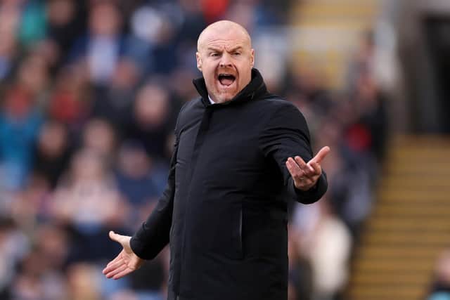 BURNLEY, ENGLAND - MARCH 05: Sean Dyche, Manager of Burnley reacts during the Premier League match between Burnley and Chelsea at Turf Moor on March 05, 2022 in Burnley, England.