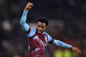 HULL, ENGLAND - MARCH 15: Nathan Tella of Burnley celebrates after scoring the team's second goal during the Sky Bet Championship between Hull City and Burnley at MKM Stadium on March 15, 2023 in Hull, England. (Photo by George Wood/Getty Images)