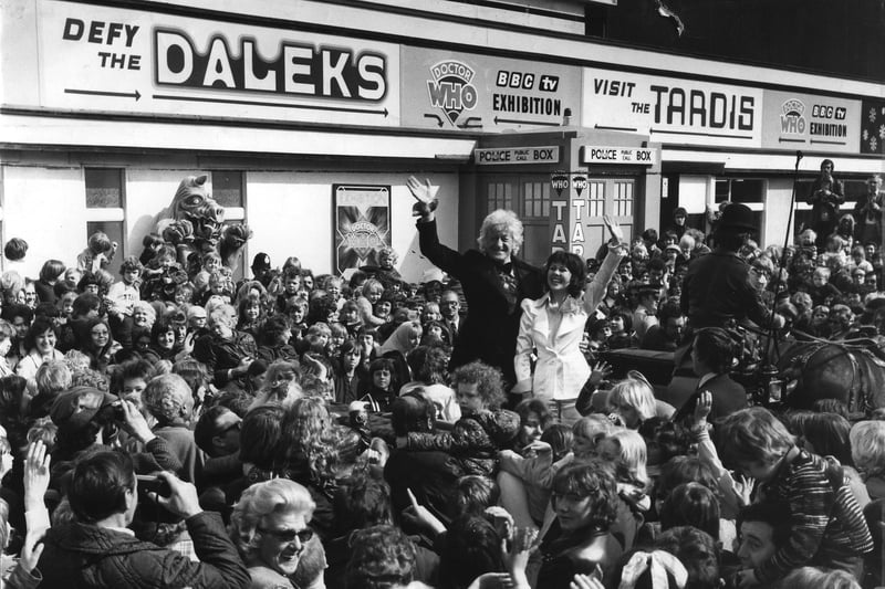Huge crowds assembled outside the New Ritz on the Golden Mile to see the arrival of Dr Who Jon Pertwee and Sarah Jane Smith (Elisabeth Sladen) to officially open the new BBC TV Tardis Exhibition of Time and Space Travel in 1974