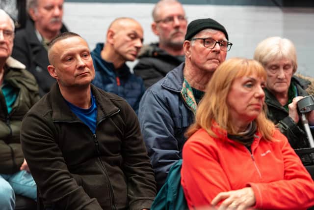 Residents listen as Burnley MP Antony Higginbotham speaks at a meeting for victims following SSB Law's collapse. Photo: Kelvin Lister-Stuttard