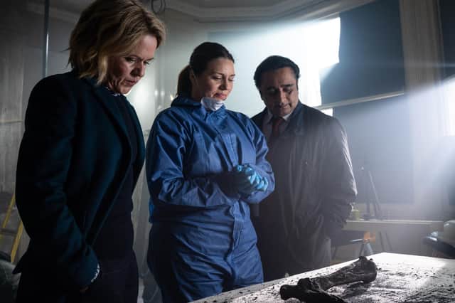 DCI Jessica James (Sinead Keenan), pathologist Leanne Balcombe (Georgia MacKenzie) and DI Sunny Khan (Sanjeev Bhaskar) have another cold case to crack in Unforgotten