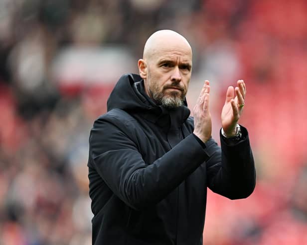 MANCHESTER, ENGLAND - APRIL 27: Erik ten Hag, Manager of Manchester United, applauds the fans after the Premier League match between Manchester United and Burnley FC at Old Trafford on April 27, 2024 in Manchester, England. (Photo by Michael Regan/Getty Images)