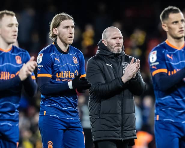 Blackpool's manager Michael Appleton (2nd right) applauds his side's travelling supporters at the end of the match 

The EFL Sky Bet Championship - Watford v Blackpool - Saturday 14th January 2023 - Vicarage Road - Watford