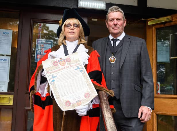 The Mayor of Wyre Councillor Julie Robinson proclaims the King's name and his accession at Wyre Civic Centre. Photo: Kelvin Stuttard