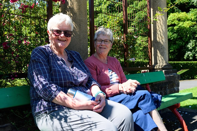 Jackie South and Sue Corkhill relaxing in the Italian Gardens of Thompson Park, Burnley. Photo: Kelvin Stuttard