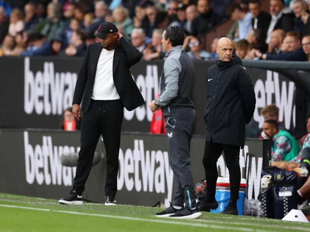 BURNLEY, ENGLAND - AUGUST 27: Vincent Kompany, Manager of Burnley, reacts during the Premier League match between Burnley FC and Aston Villa at Turf Moor on August 27, 2023 in Burnley, England. (Photo by Lewis Storey/Getty Images)
