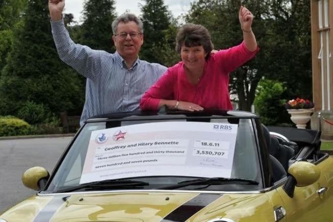 Geoffrey and Hilary Bennette, from Blackburn, celebrate after winning £3.5m in June 2011