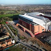 An aerial photograph taken January 26, 2024 shows the Anfield Stadium in Liverpool, northwest England. Liverpool manager Jurgen Klopp surprised the football world by announcing that he would leave Liverpool at the end of the season. (Photo by Paul ELLIS / AFP) (Photo by PAUL ELLIS/AFP via Getty Images)