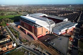An aerial photograph taken January 26, 2024 shows the Anfield Stadium in Liverpool, northwest England. Liverpool manager Jurgen Klopp surprised the football world by announcing that he would leave Liverpool at the end of the season. (Photo by Paul ELLIS / AFP) (Photo by PAUL ELLIS/AFP via Getty Images)