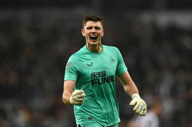 Newcastle goalkeeper and former Claret Nick Pope celebrates reaching Carabao Cup final