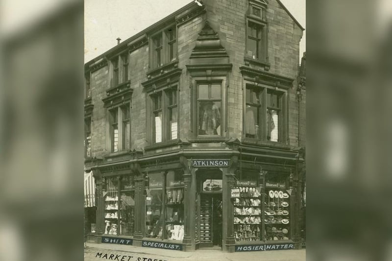 Atkinson's Menswear Shop on the corner of Market Street and St James' Street in Burnley around 1930. Credit: Lancashire County Council.