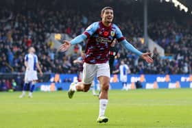 BURNLEY, ENGLAND - NOVEMBER 13: Anass Zaroury of Burnley celebrates after scoring their side's second goal during the Sky Bet Championship between Burnley and Blackburn Rovers at Turf Moor on November 13, 2022 in Burnley, England. (Photo by Nathan Stirk/Getty Images)