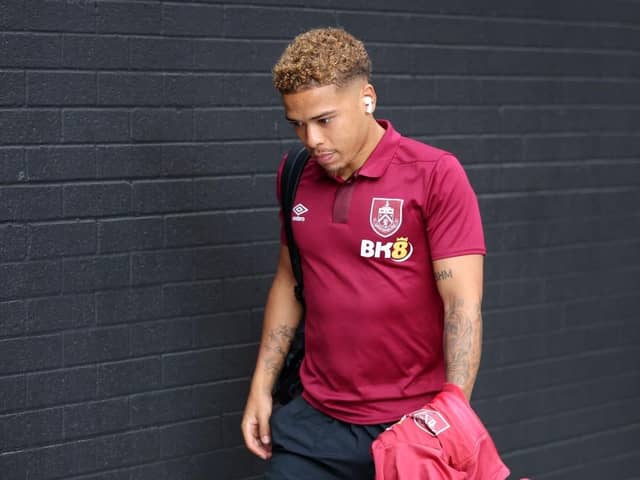 BURNLEY, ENGLAND - AUGUST 11: Manuel Benson of Burnley arrives at the stadium prior to the Premier League match between Burnley FC and Manchester City at Turf Moor on August 11, 2023 in Burnley, England. (Photo by Nathan Stirk/Getty Images)