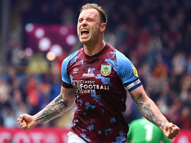 BURNLEY, ENGLAND - MAY 08: Ashley Barnes of Burnley celebrates after scoring the team's second goal during the Sky Bet Championship between Burnley and Cardiff City at Turf Moor on May 08, 2023 in Burnley, England. (Photo by Gareth Copley/Getty Images)