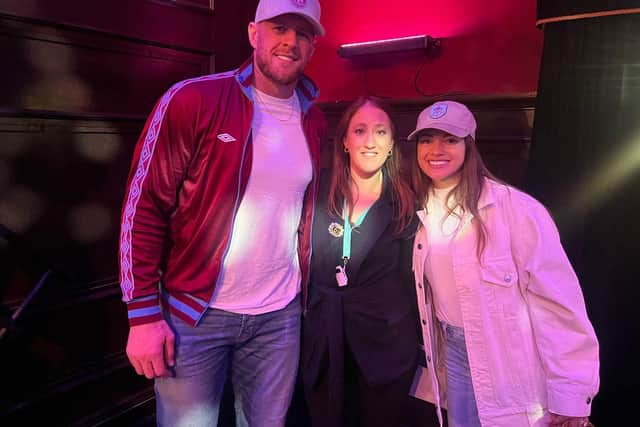 Burnley Brand Manager Rachel Bayle with JJ and Kealia Watt, the American couple who have become minority investors in Burnley Football Club