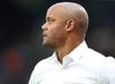 HUDDERSFIELD, ENGLAND - JULY 29: Manager of Burnley, Vincent Kompany looks on during the Sky Bet Championship between Huddersfield Town and Burnley at John Smith's Stadium on July 29, 2022 in Huddersfield, England. (Photo by Ashley Allen/Getty Images)