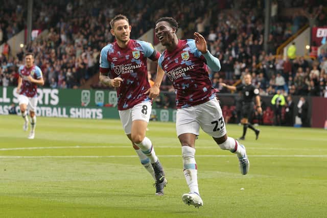 Burnley's Nathan Tella celebrates scoring his side's third goal (his second) with team-mate Josh Brownhill 

The EFL Sky Bet Championship - Burnley v Blackpool - Saturday 20th August 2022 - Turf Moor - Burnley