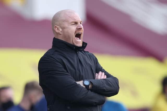 Burnley Sean Dyche shouts from the touchline during the English Premier League football match between Burnley and Arsenal at Turf Moor in Burnley, north west England on March 6, 2021.