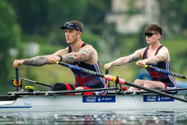 Colne rower and former Royal Marine Gregg Stevenson combines with Lauren Rowles to take gold in the PR2 mixed double sculls at Lake Bled