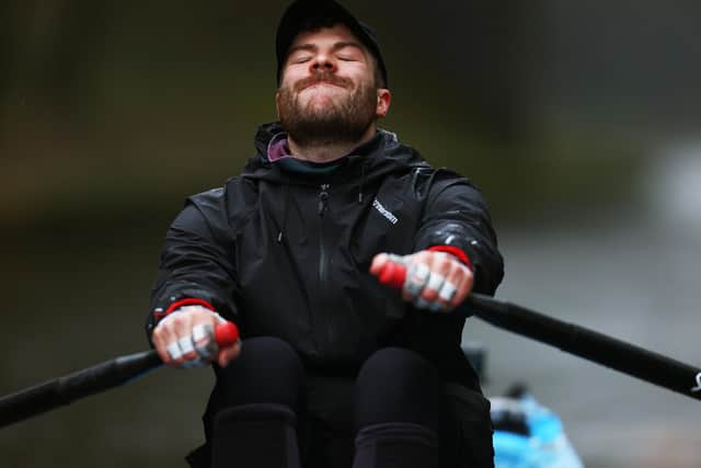 The strain shows for Jordan North on the penultimate day of his 100 mile rowing challenge from London to Burnley