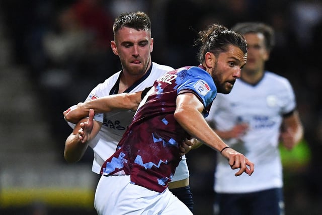 Burnley's Jay Rodriguez vies for possession with Preston North End's Ben Whiteman 

The EFL Sky Bet Championship - Preston North End v Burnley - Tuesday 13th September 2022 - Deepdale - Preston