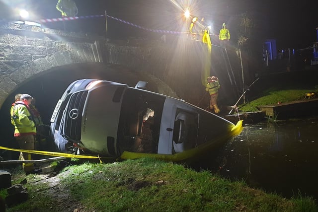 This van driver was lucky to walk away with only minor injuries after crashing and ending up in the canal in Cabus Nook Lane, Winmarleigh.
Firefighters used a triple extension ladder, K9 lighting, and life jackets to rescue the driver. 
He was later reported for the due care offences by attending police patrols.